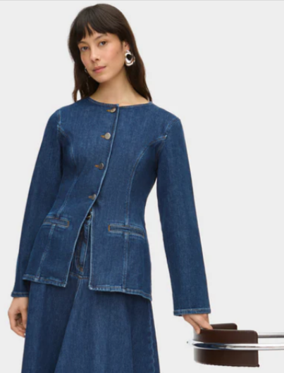 The ALIGNE Daphne waisted denim blazer and the ALIGNE Liza denim maxi skirt in navy blue