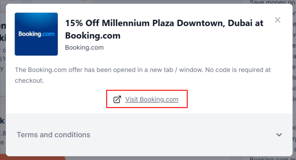 A Booking.com offer with "Visit Booking.com in a red box