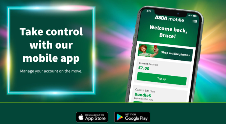 Asda Mobile mobile app displayed on a green background