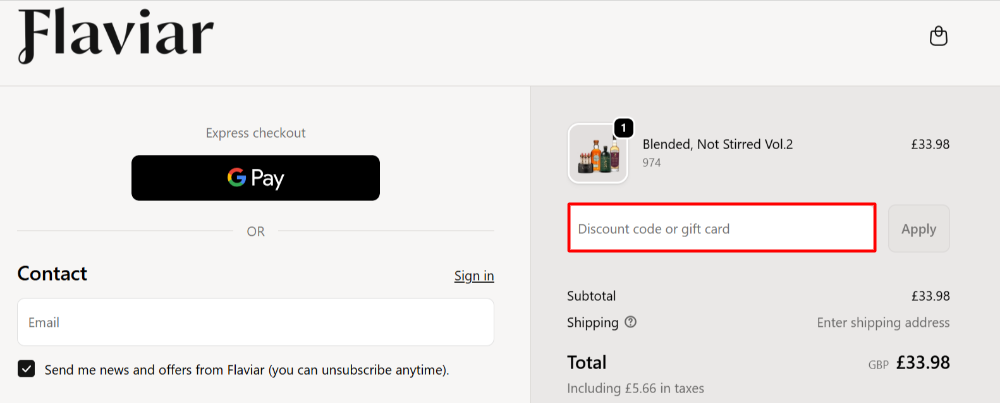 The Flaviar checkout page with where to paste the Flaviar voucher code in a red box