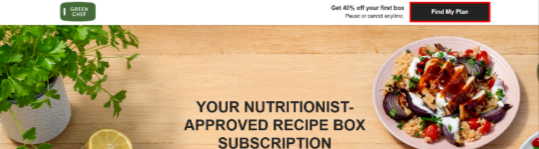 The Green Chef homepage and an image of a meal prepared from the subscription box