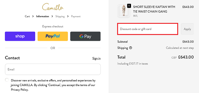 image showing the Camilla checkout page