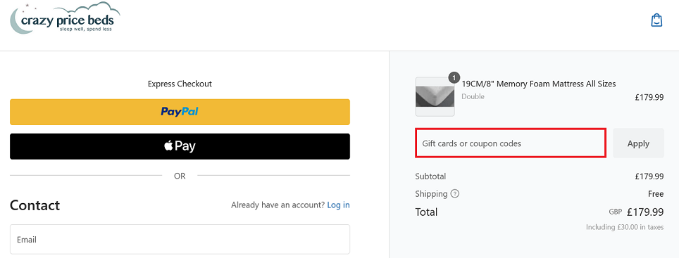 image showing the Crazy Price Beds checkout page