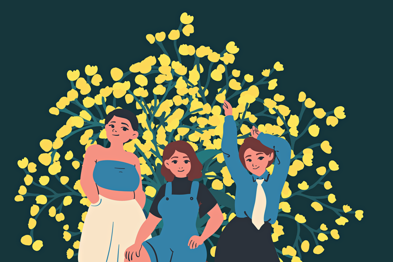 Illustration von drei sich freuenden Frauen vor einem großen Blumenstrauß