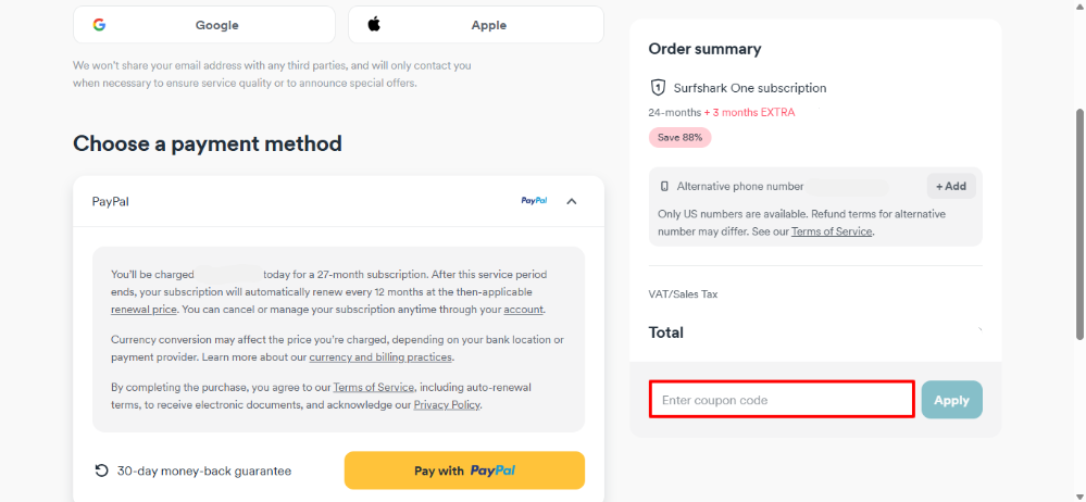 Surfshark discount code place highlighted by a red box