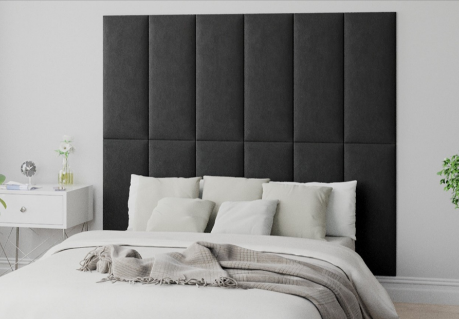 A grey charcoal headboard from Aspire Store in a grey tone room