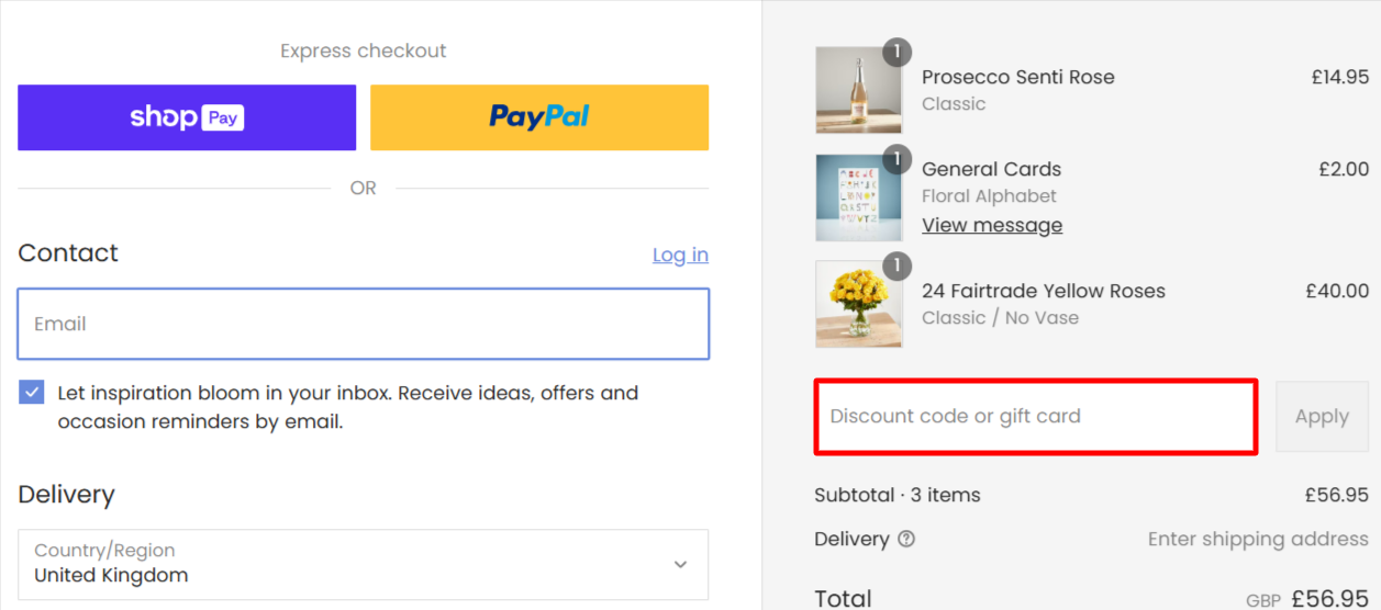 The checkout page showing where to apply your Arena Flowers discount code