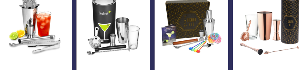 Professional Drinkstuff cocktail shaker sets with bar tools, strainers and mixing glasses for home and bar use