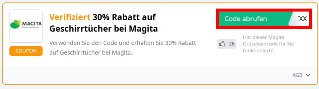 Infos zu einem Rabattcode von Magita mit einem rotmarkiertem grünen Button