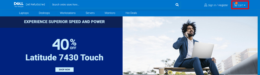 The Dell Refurbished website and the shopping categories, with the shopping cart highlighted with a red box