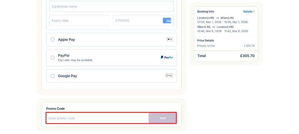 The BudgetAir checkout page and the discount code box highlighted with a red box where you can paste your BudgetAir promo code