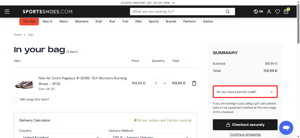 The shopping bag page where you apply your SportsShoes discount code