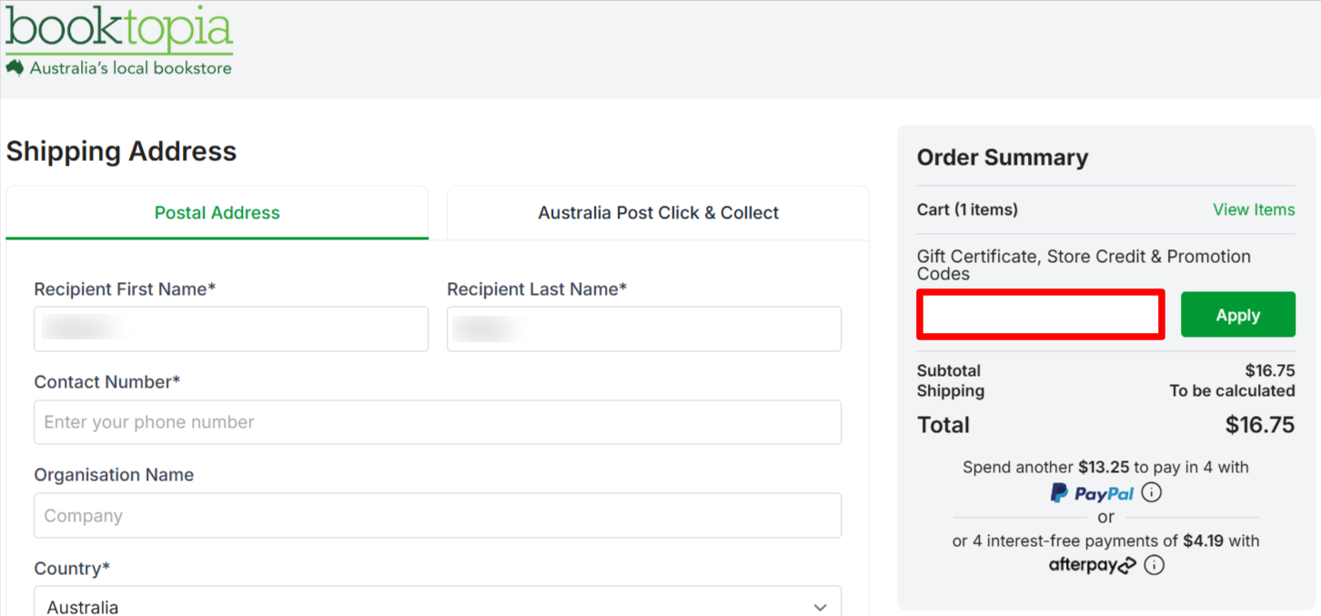 The Booktopia checkout page with the coupon code box highlighted with a red box