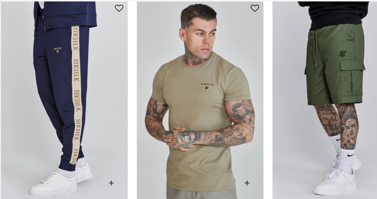 Drei Bilder, auf denen eine Shorts, eine Hose und ein T-Shirt von SIKSILK abgebildet sind