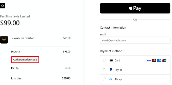 image showing the Luminar (Skylum) checkout page