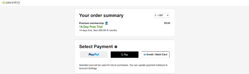 The Ancestry checkout page and the different payment options