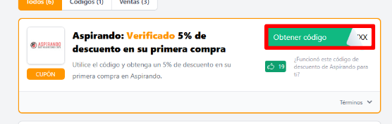 cuadro verde de un código de descuento de un 5% de Aspirando remarcado en rojo
