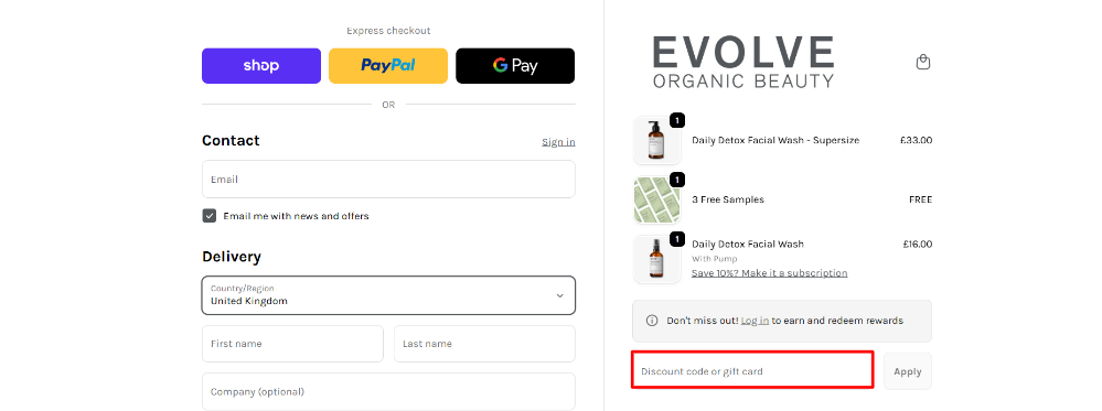 Applying an Evolve Beauty promo code at checkout to save on your order