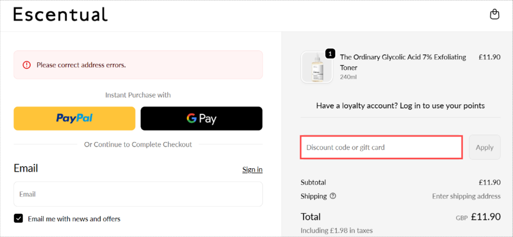 The Escentual checkout page with where to paste the Escentual voucher code in a red box