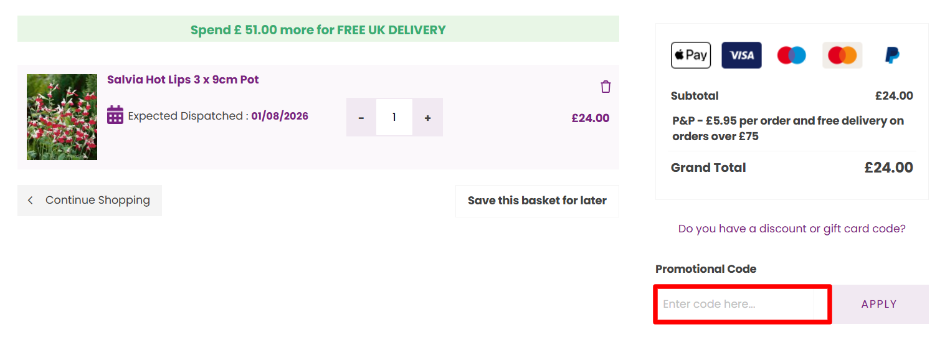 The Hayloft checkout page with the promo code box highlighted with a red box