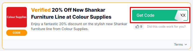 A Colour Supplies voucher code with "Get Code" in a red box.