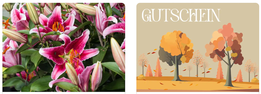 Ein Bild mit Blumen neben einer Grafik mit Bäumen und einer Gutschein-Aufrschrift darauf