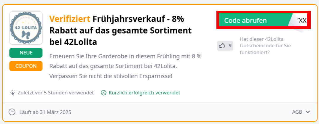 Angaben zum Rabattcode von 42Lolita mit einem rotmarkiertem grünen Button