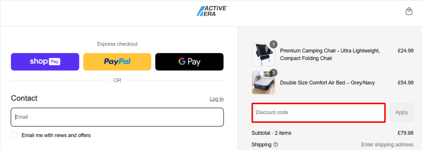 The checkout page showing where to apply your Active Era voucher code