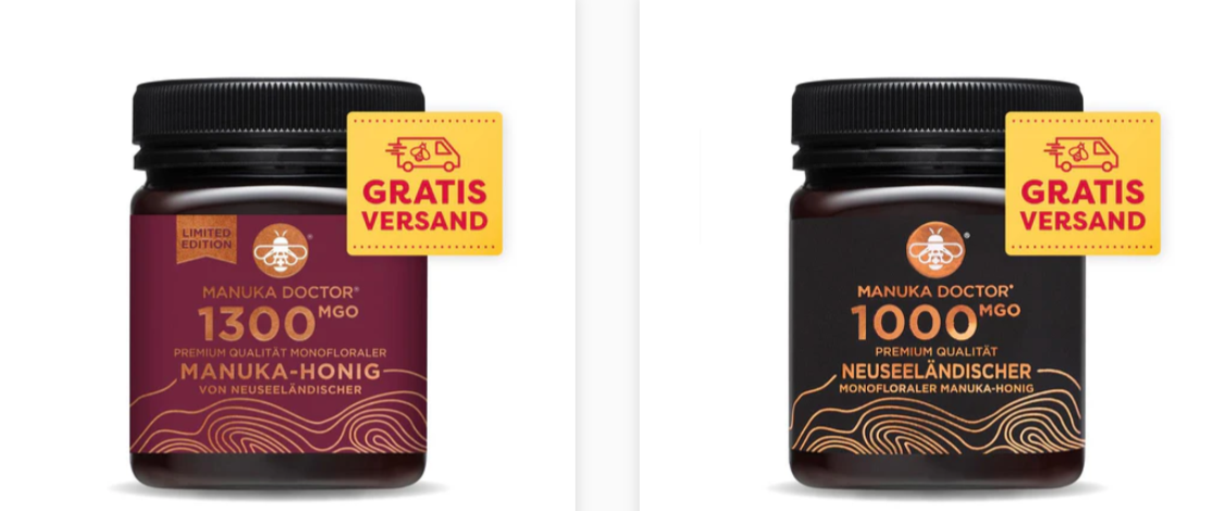 Zwei verschiedene Becher von Manuka Doctor mit Verweis auf Gratisversand