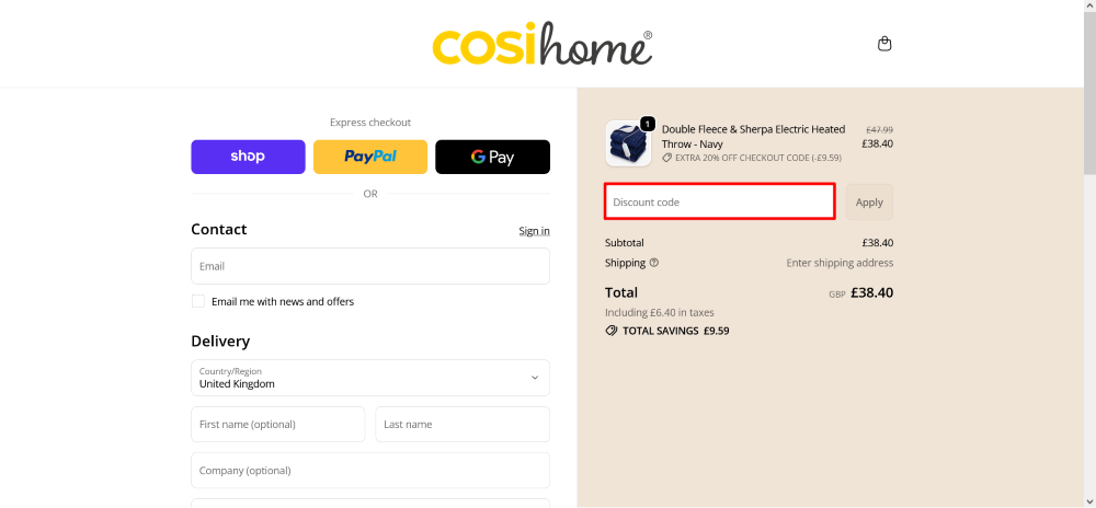 The checkout page shows where to apply your Cosi Home discount code