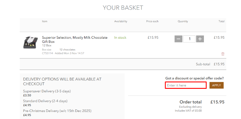 Shopping basket where you apply your Chocolate Trading Company discount code