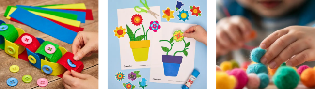 arts and crafts shop wit three frames exhibiting kids' art