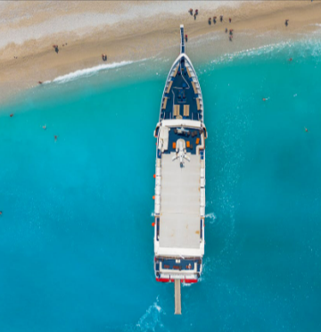 Ariel view of a boat on a turquoise shoreline