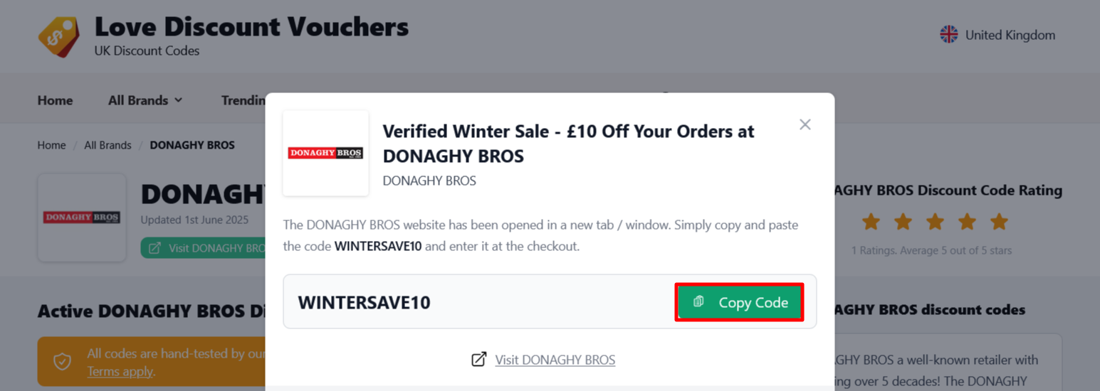 The page where you copy a DONAGHY BROS code