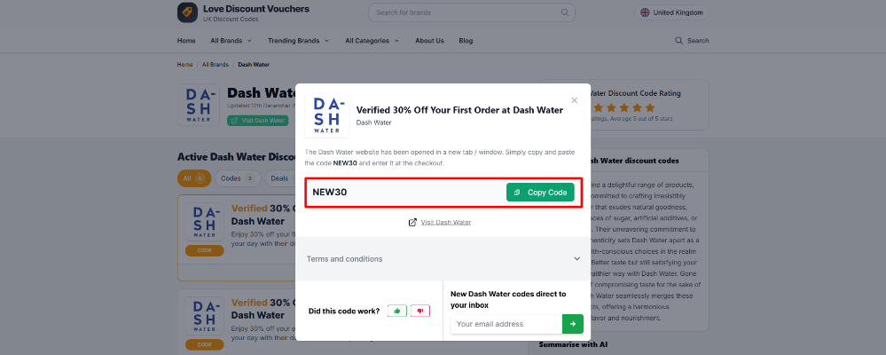 A promo code from Dash Water on Love Discount Vouchers