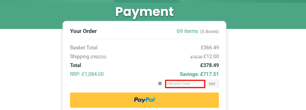 The checkout page for Approved Food, where you paste the code