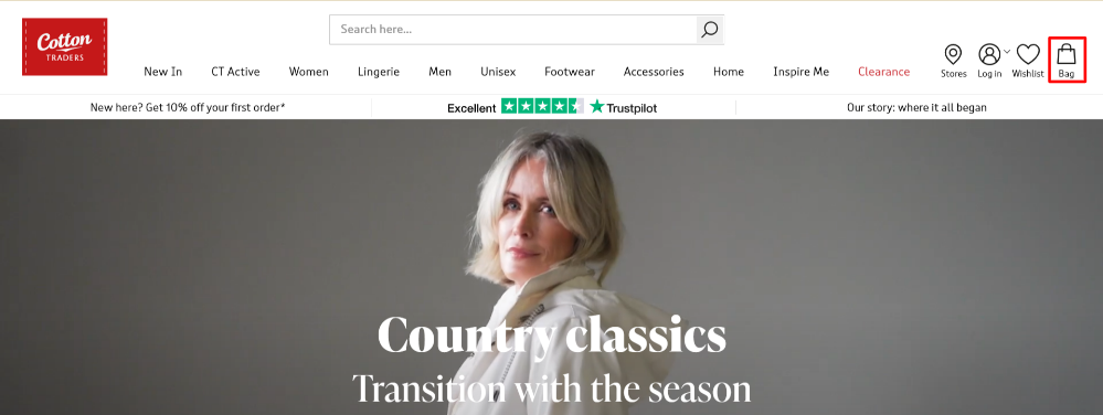 The Cotton Traders home page, the shopping categories, and the shopping bag highlighted with a red box