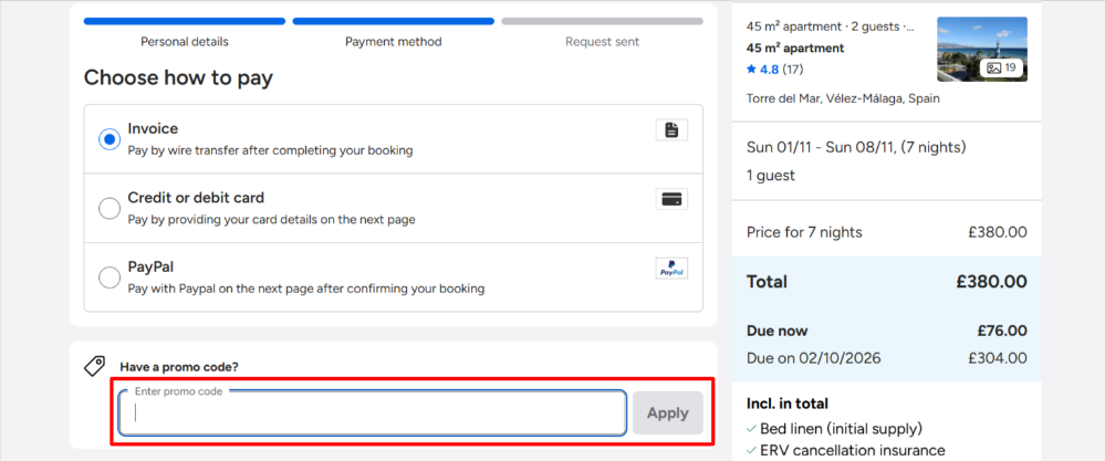 Applying a code in the Interhome promo code box on the checkout page