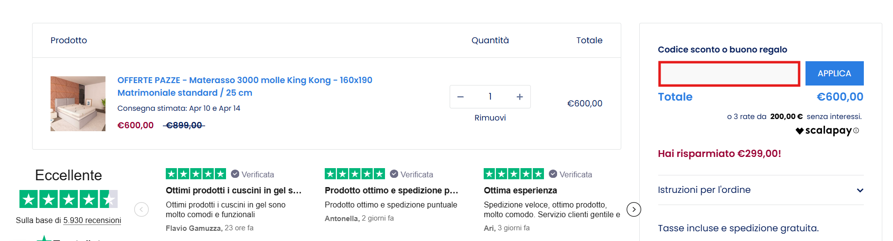 carrello della piattaforma ufficiale Baldiflex dove inserire il codice sconto Baldiflex nell'apposito spazio
