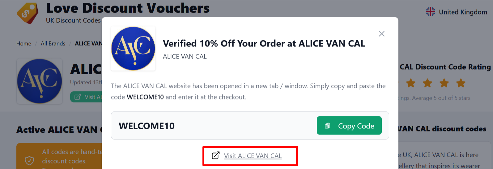 The highlighted red box shows the link that takes you to the ALICE VAN CAL website