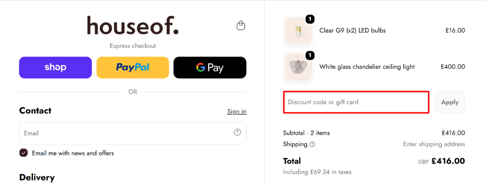 The houseof checkout page with where to paste the houseof voucher code in a red box