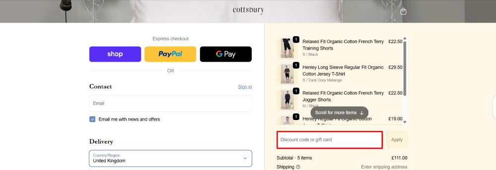 The Cottsbury checkout page
