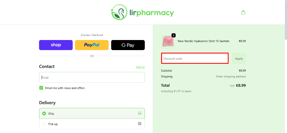 CCheckout where you apply your Lir Pharmacy discount code