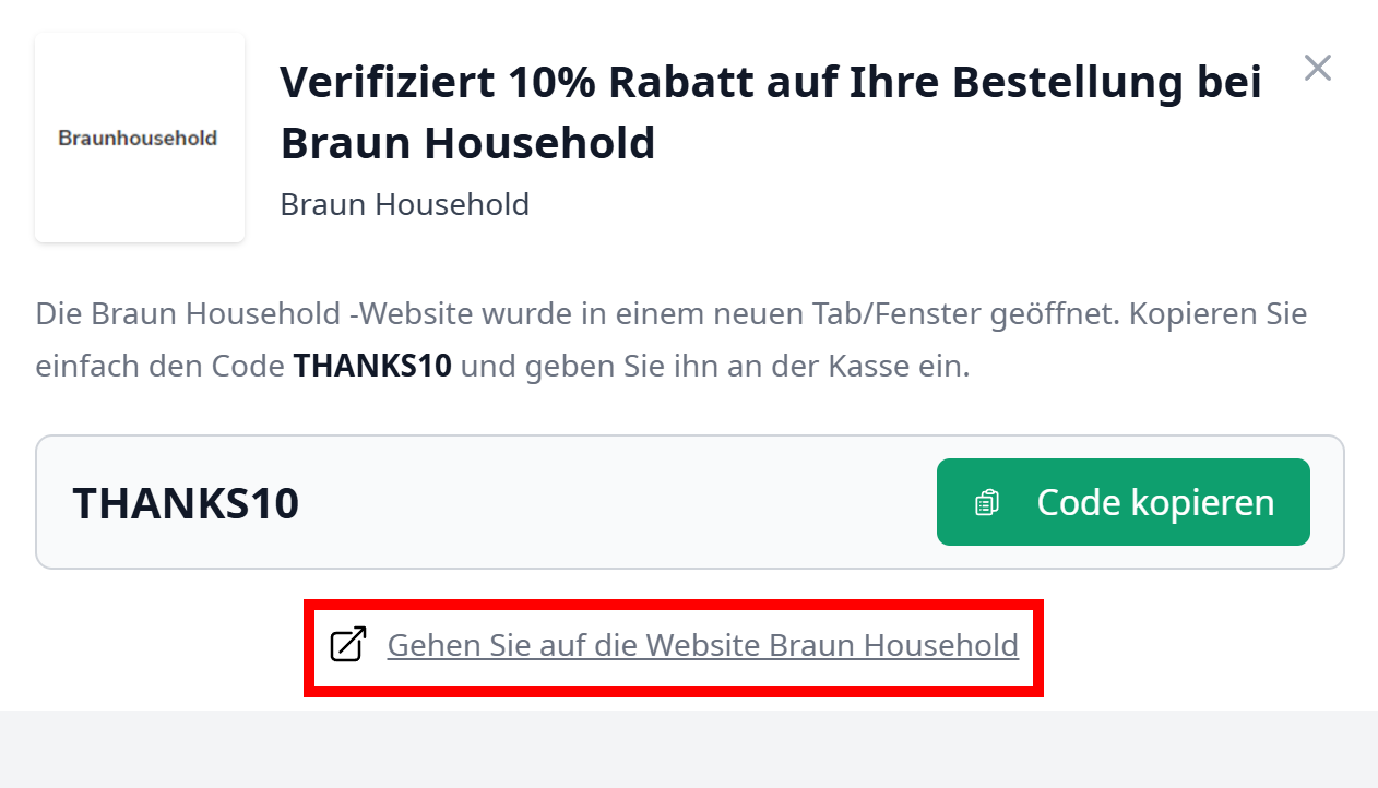 Angaben zu einem angezeigten Rabattcode für Braun Household mit rotmarkiertem Link