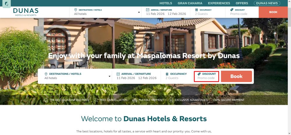 The Dunas Hotels & Resorts checkout page, where the code is pasted shown in a red box.