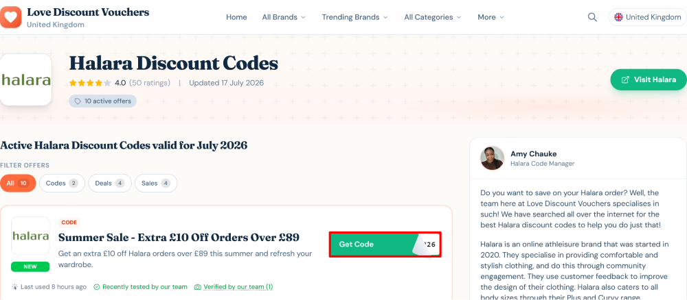 The page where you copy a Halara code