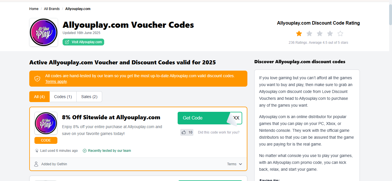 Love Discount Vouchers Allyouplay.com page where you can see the deals that we currently offer