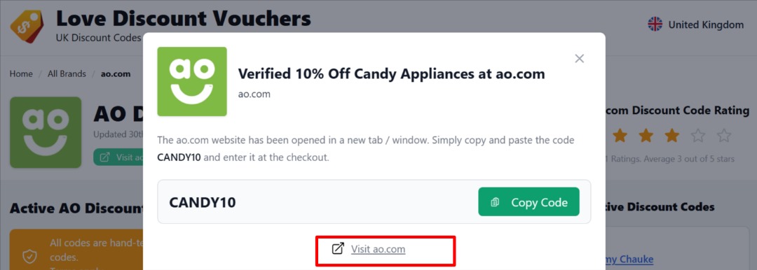 The highlighted red box shows the link that takes you to the ao.com website