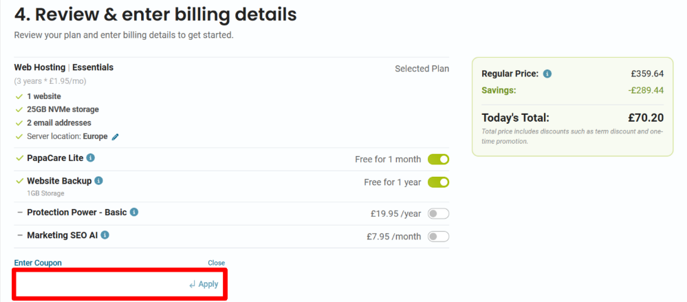 The HostPapa checkout page and a promotional box highlighted with a red box