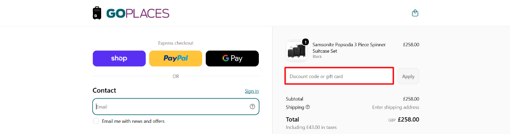 Applying a Go Places promo code at checkout